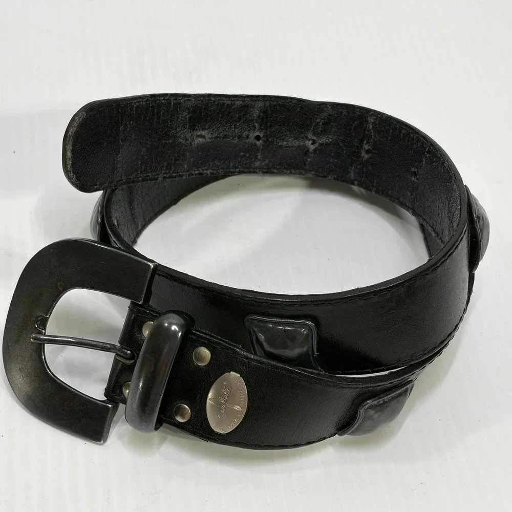VTG Sunbelt Rosner Black Leather Y2K Western Studded Belt Gunmetal Buckle 36x1.5